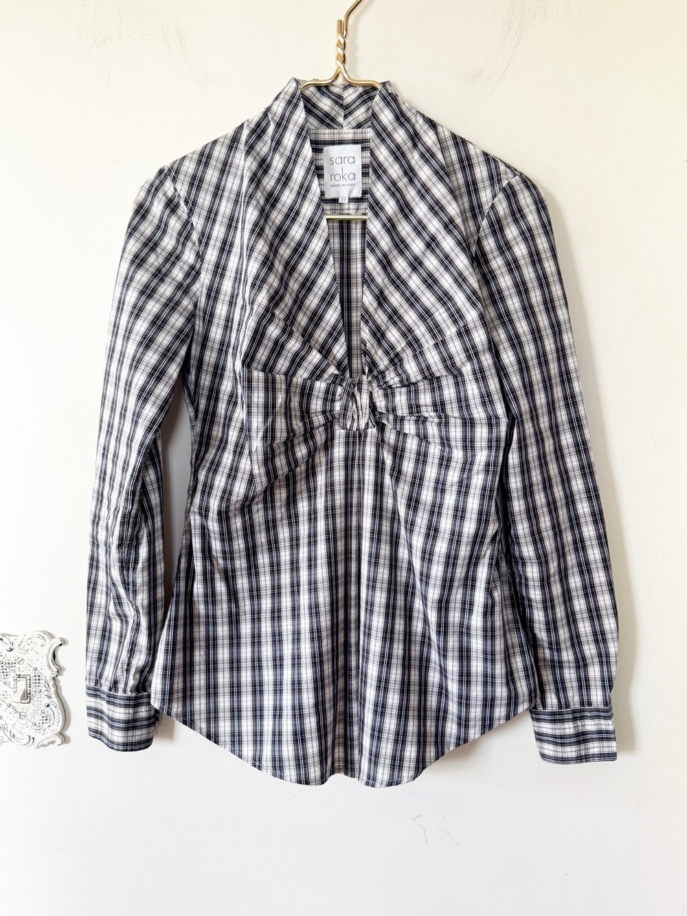 Sara Roka Deep V Twist Blue and Brown Plaid Italian Cotton Blouse 38 / S